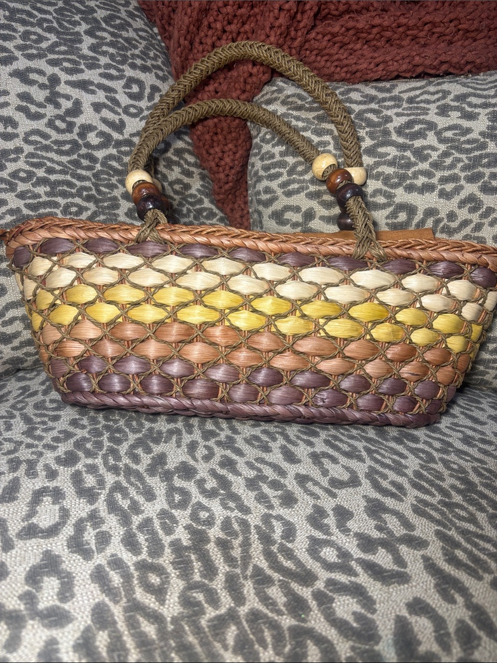 Multicolor wicker satchel zipper purse rattan striped beaded handle summer bag